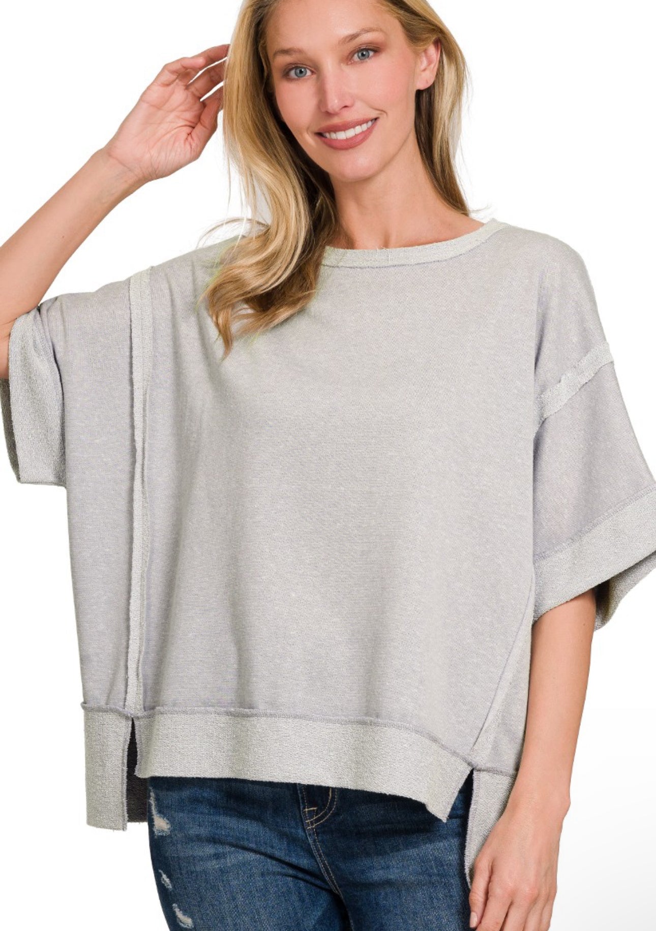 CONTRAST TRIM TOP-STITCHING DROP SHOULDER TOP