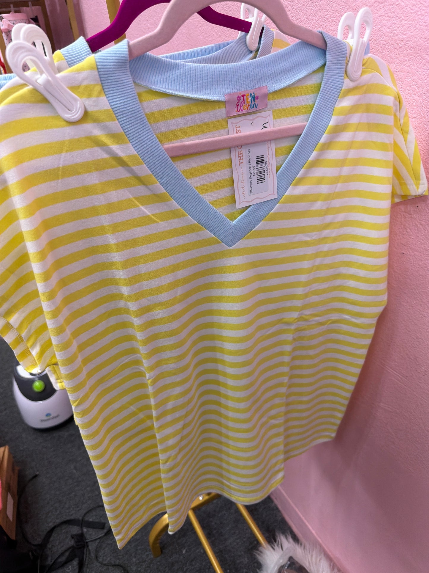 Yellow And White V-Neck 2PC Short Set