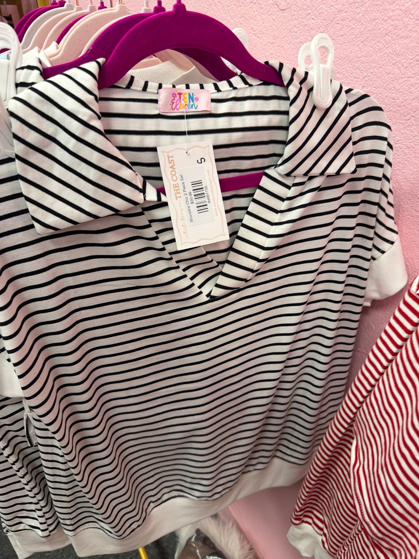 Collared Black And White Stripe 2PC Short Set