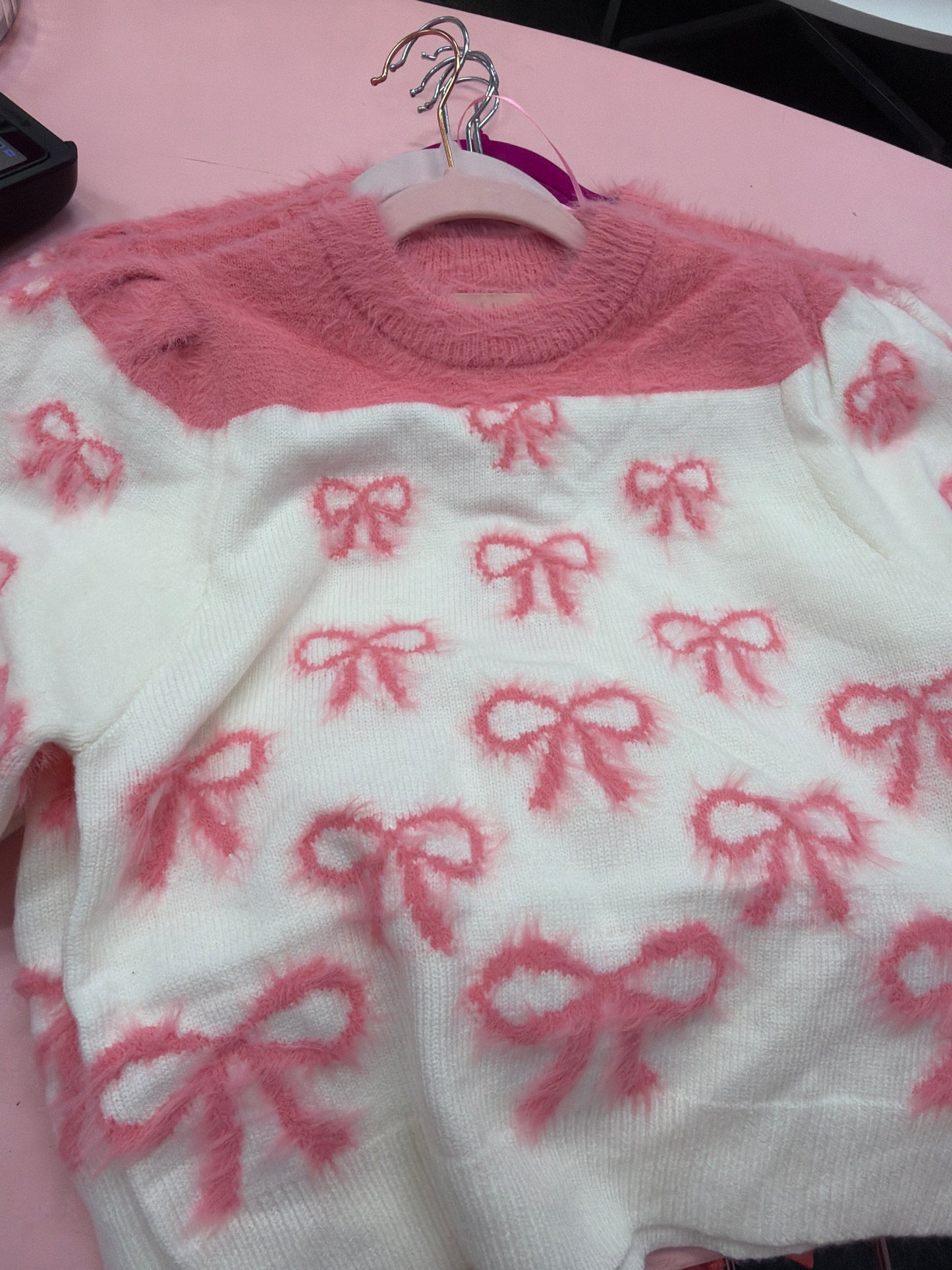 Pink bow knitted crop sweater peach love