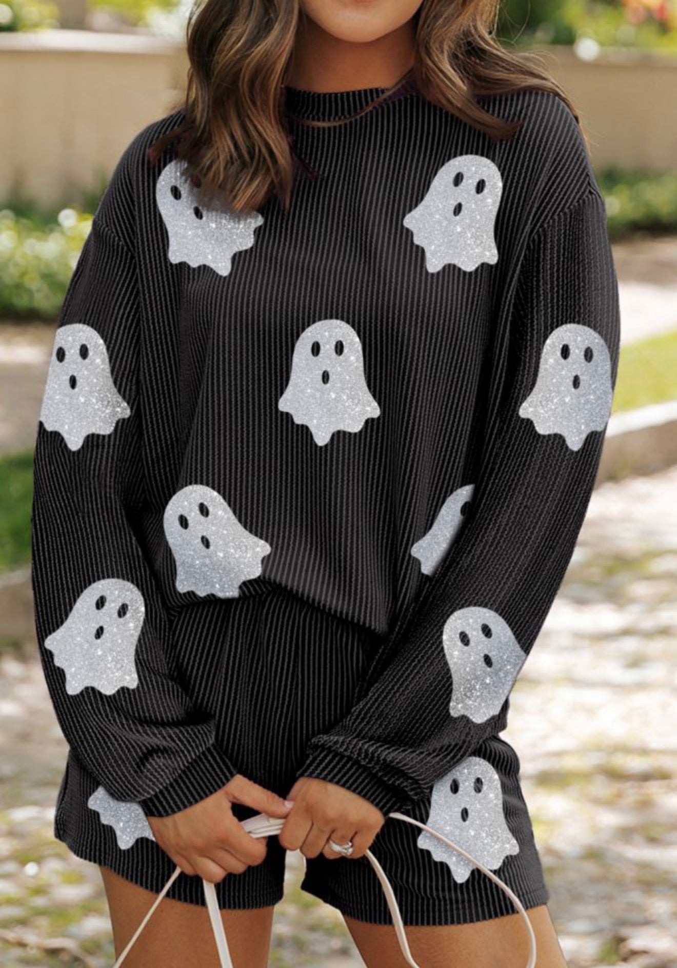 (Ghost) Black ribbed 2pc set with pockets