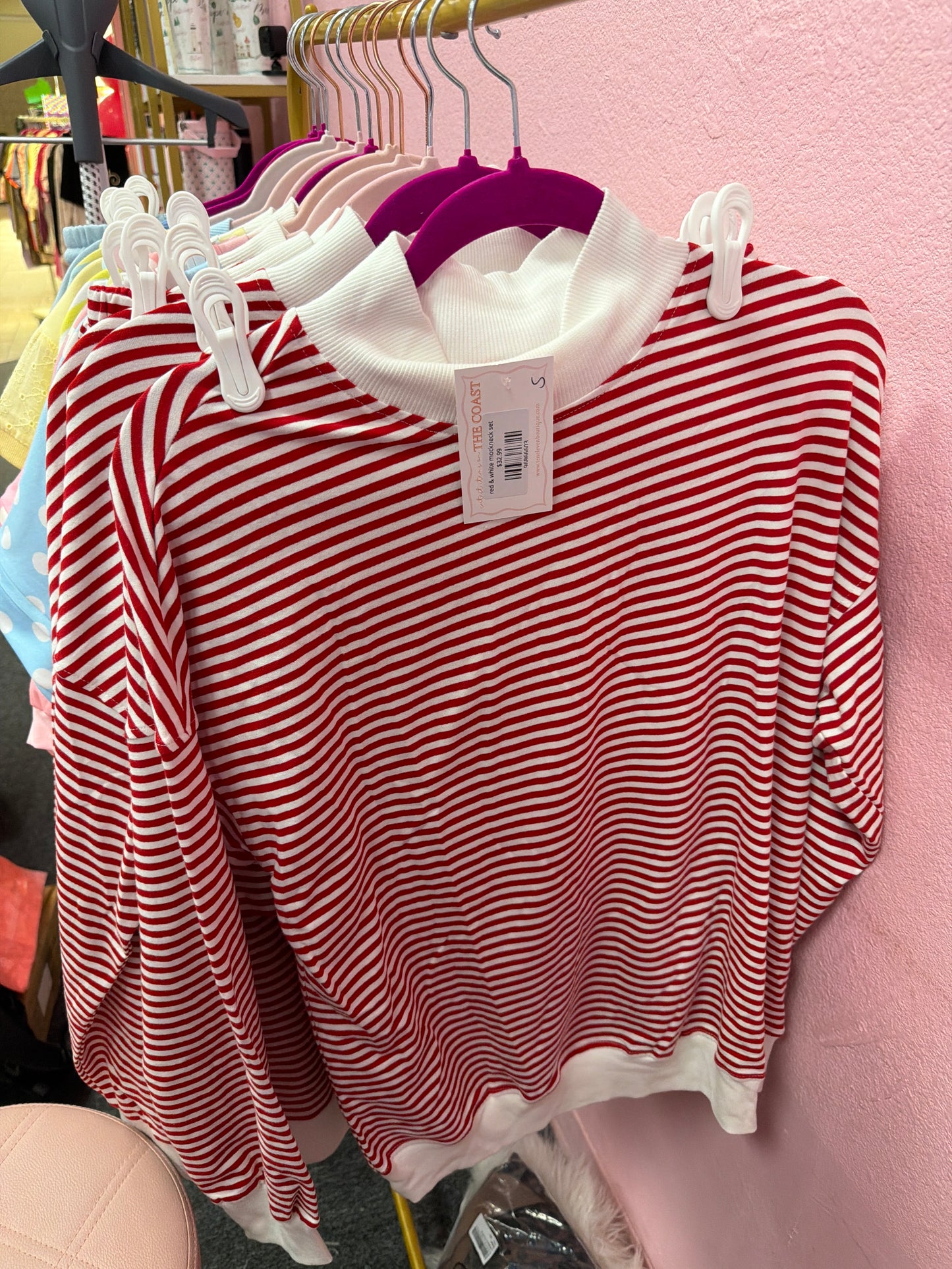 Red And White Striped Long Sleeve Mock Neck 2PC Short Set