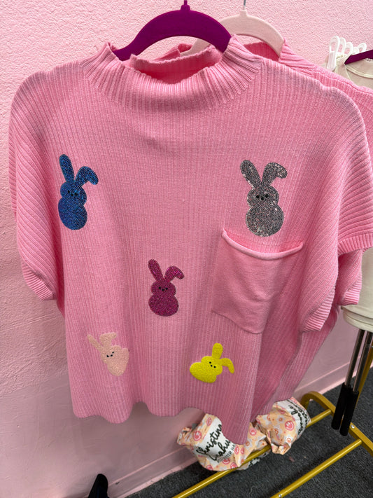 Knitted sequin bunny pocket tee