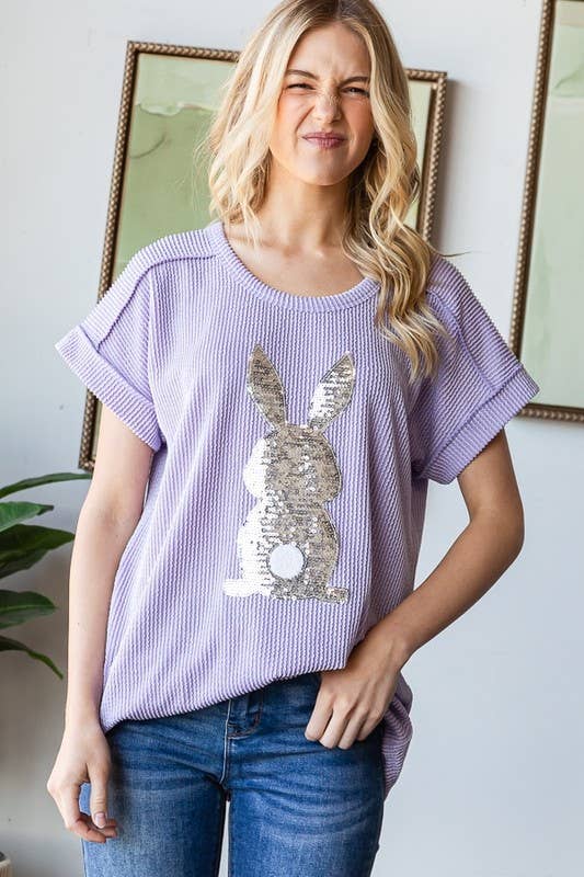 SHORT SLEEVE SOLID URBAN RIBB TOP WITH RABBIT