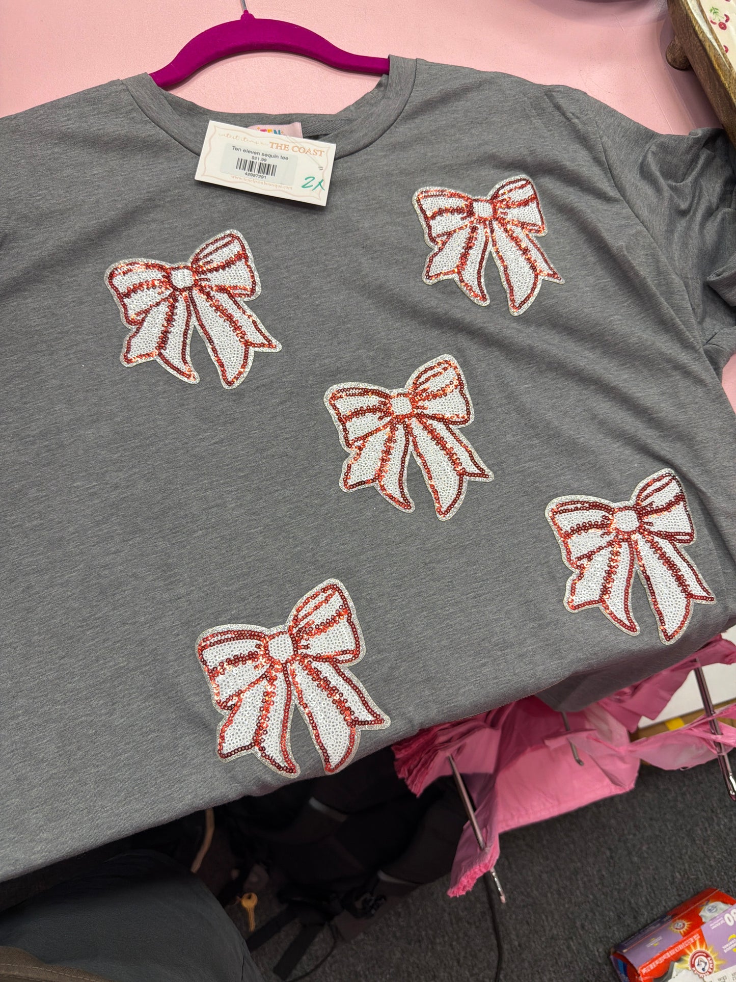 Bow sequin tee gray top