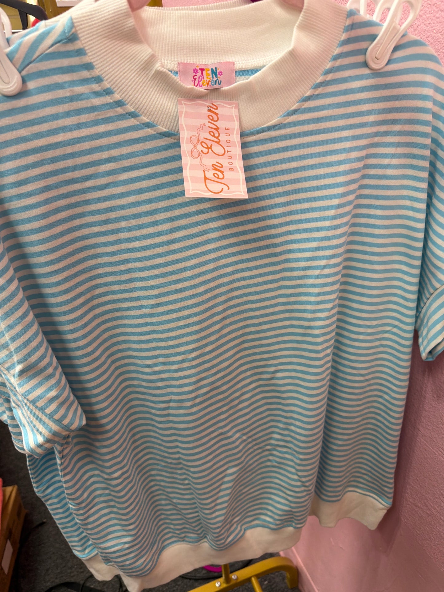 Blue And White Stripe Mock Neck 2PC Short Set