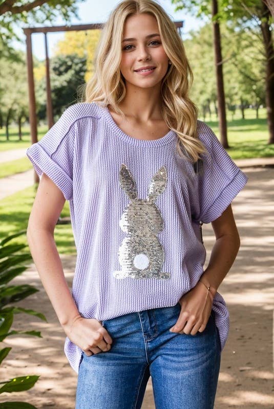 SHORT SLEEVE SOLID URBAN RIBB TOP WITH RABBIT