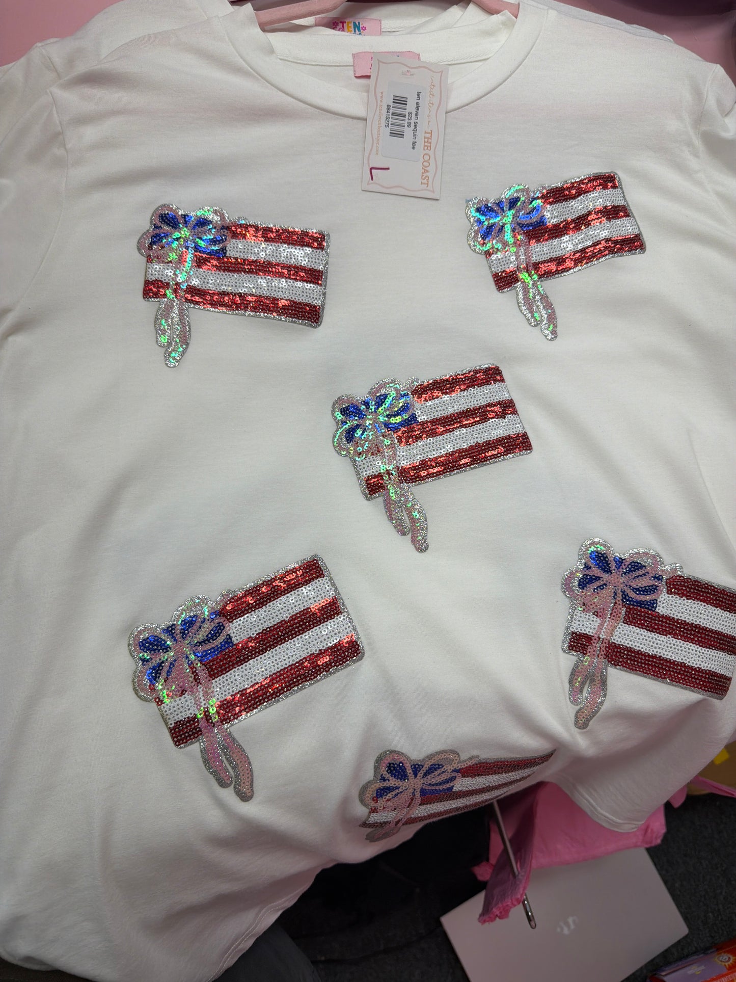 4th of July flag with pink bow sequin tee