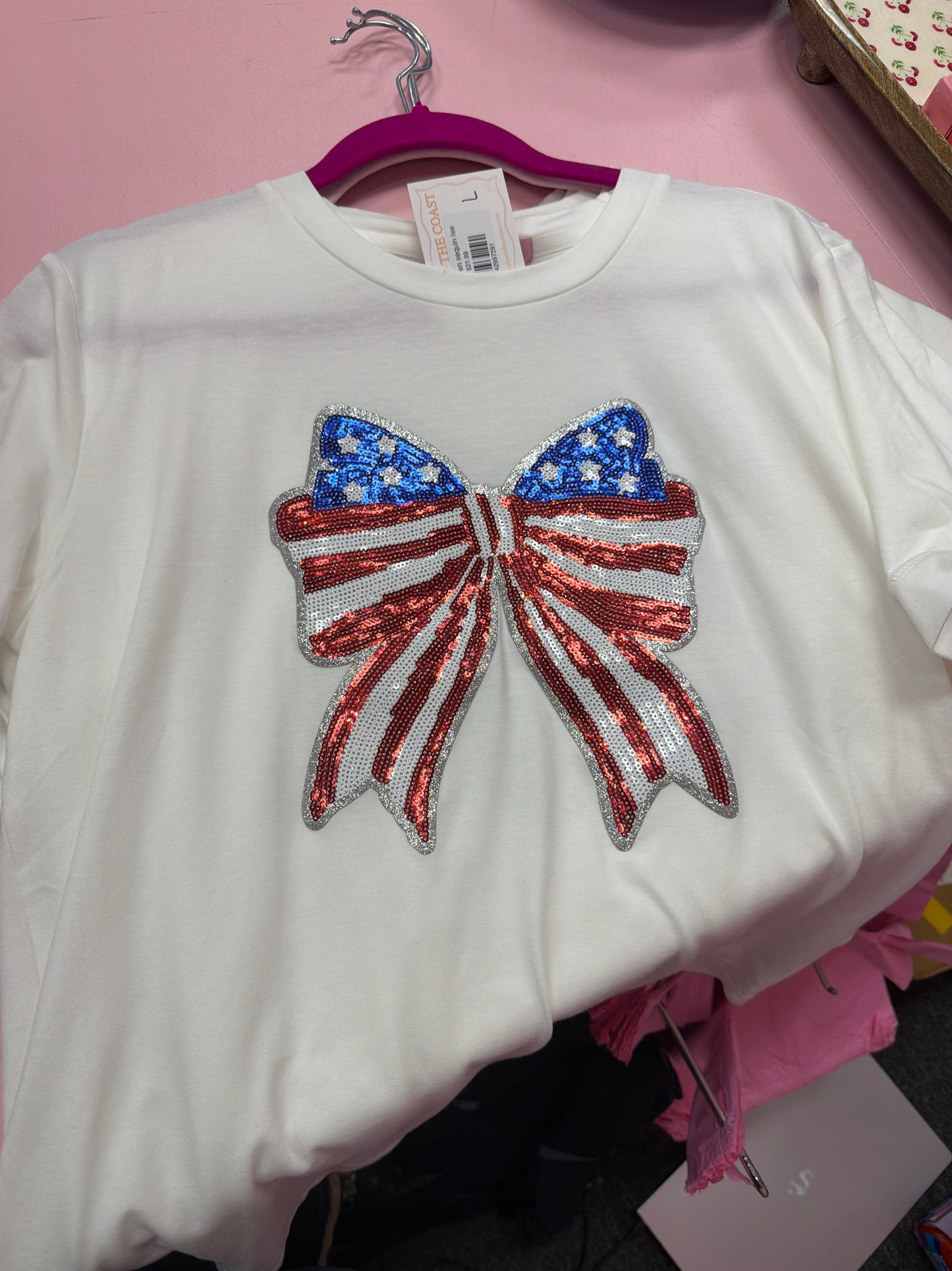 4th of July American flag bow sequin tee