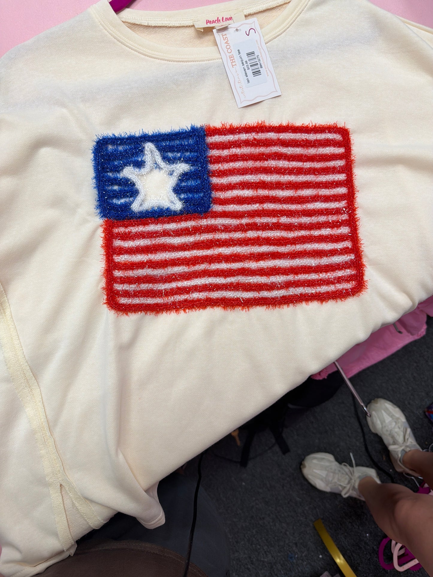 Peach love ribbed top American flag with tinsel (tan)