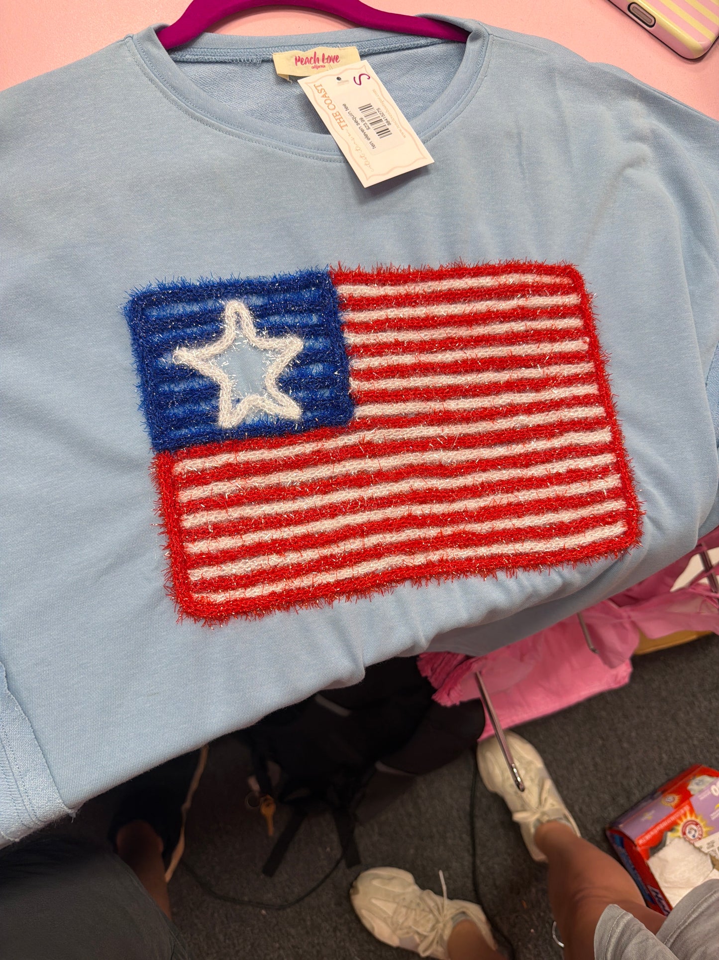 Peach love ribbed top American flag with tinsel (blue)