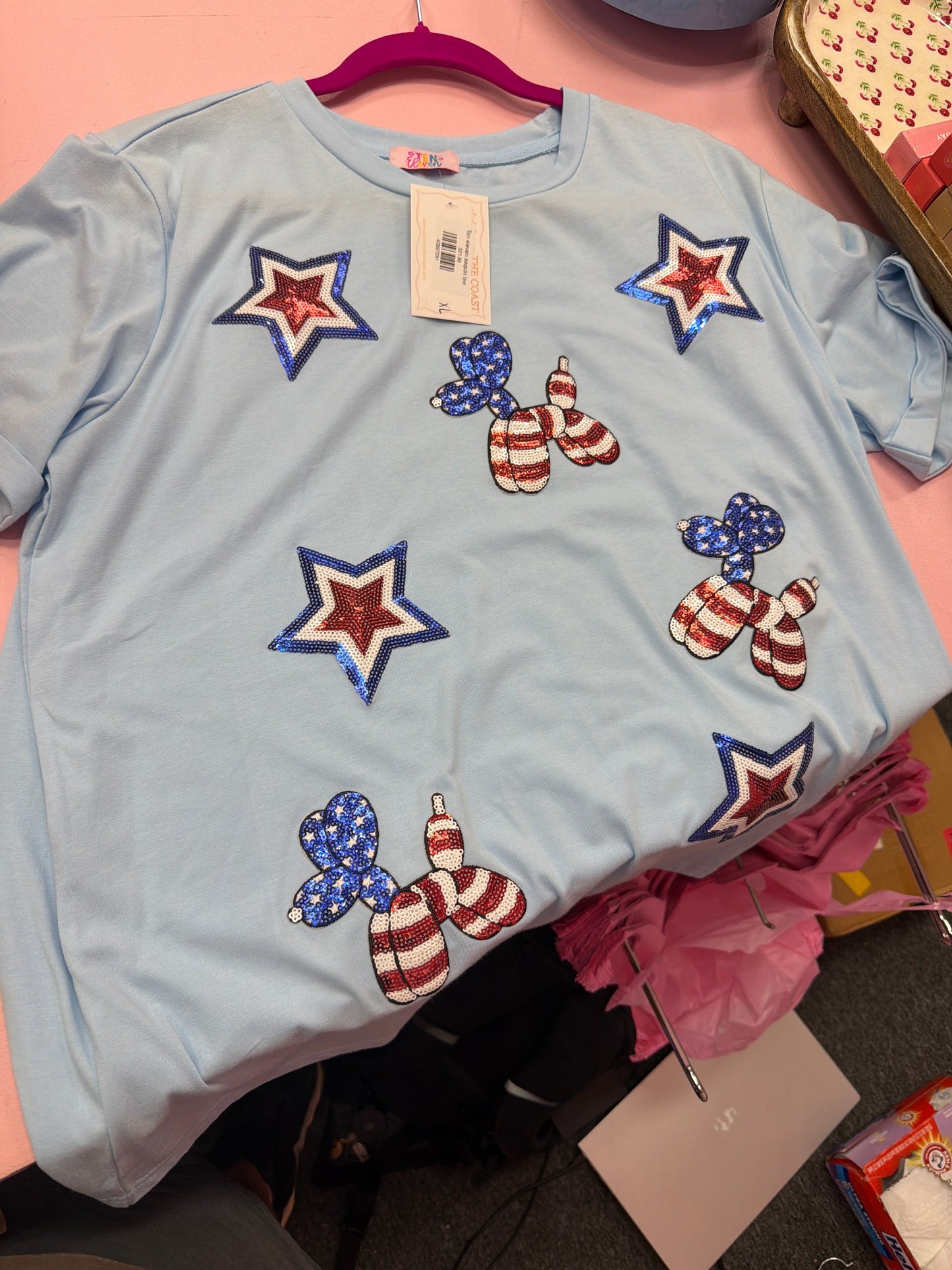 4th of July balloon dog and star sequin tee