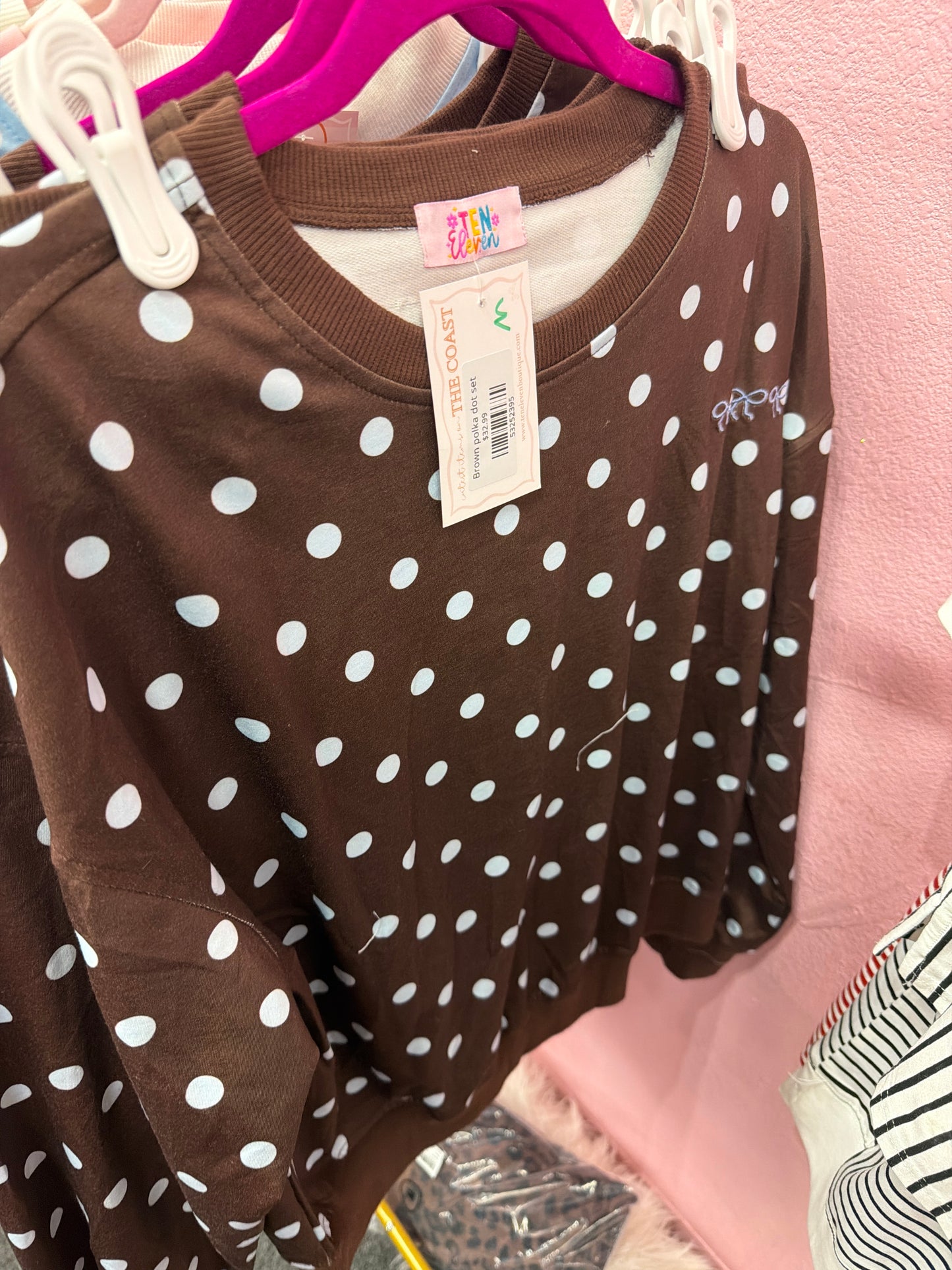 Brown Blue Polka Dot Long Sleeve 2PC Skort Set