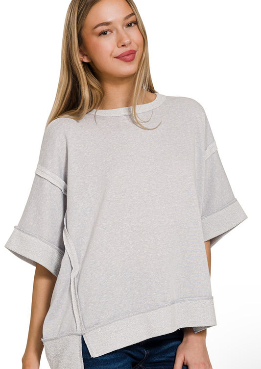 CONTRAST TRIM TOP-STITCHING DROP SHOULDER TOP