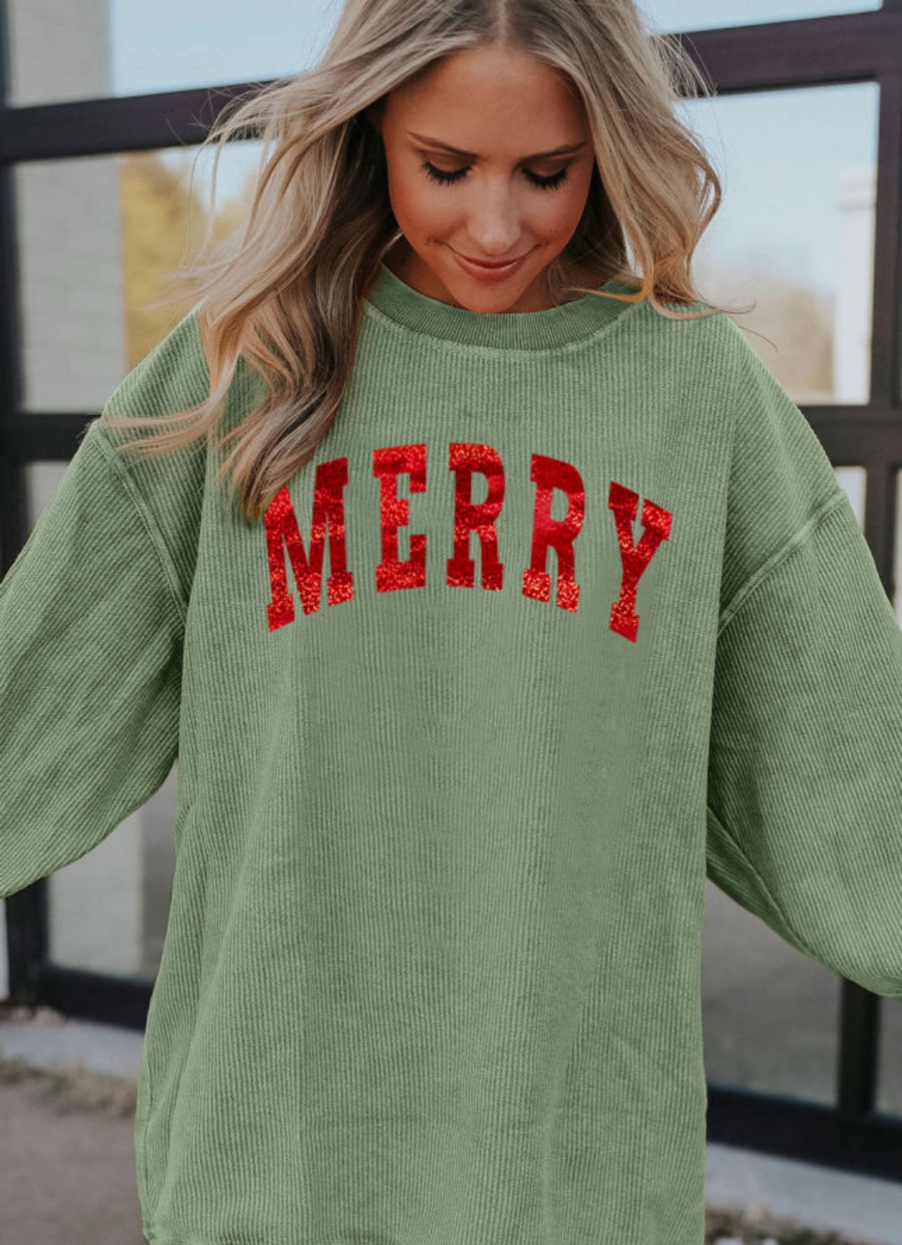 Reflective merry corded sweatshirt