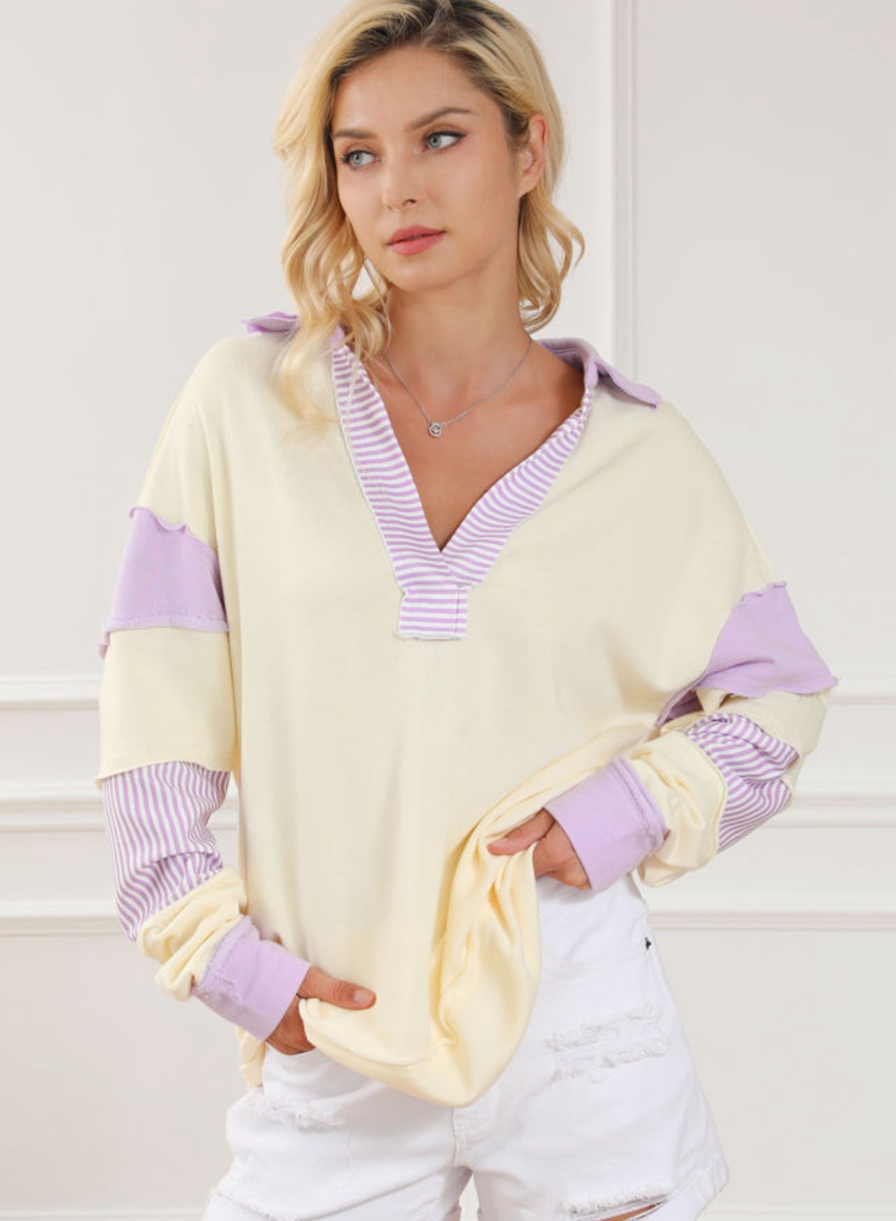 Yellow Colorblock Striped Split Neck Collared Sweatshirt