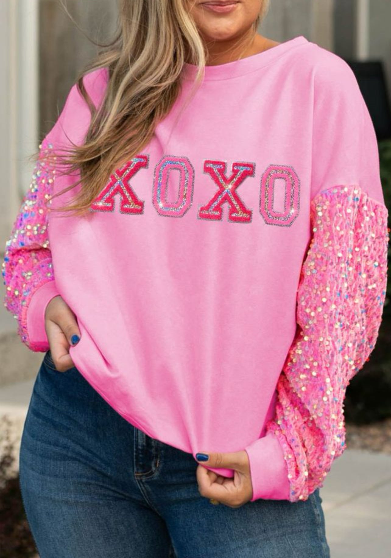 Plus size XOXO chenille Patch with glitter sequin sleeves