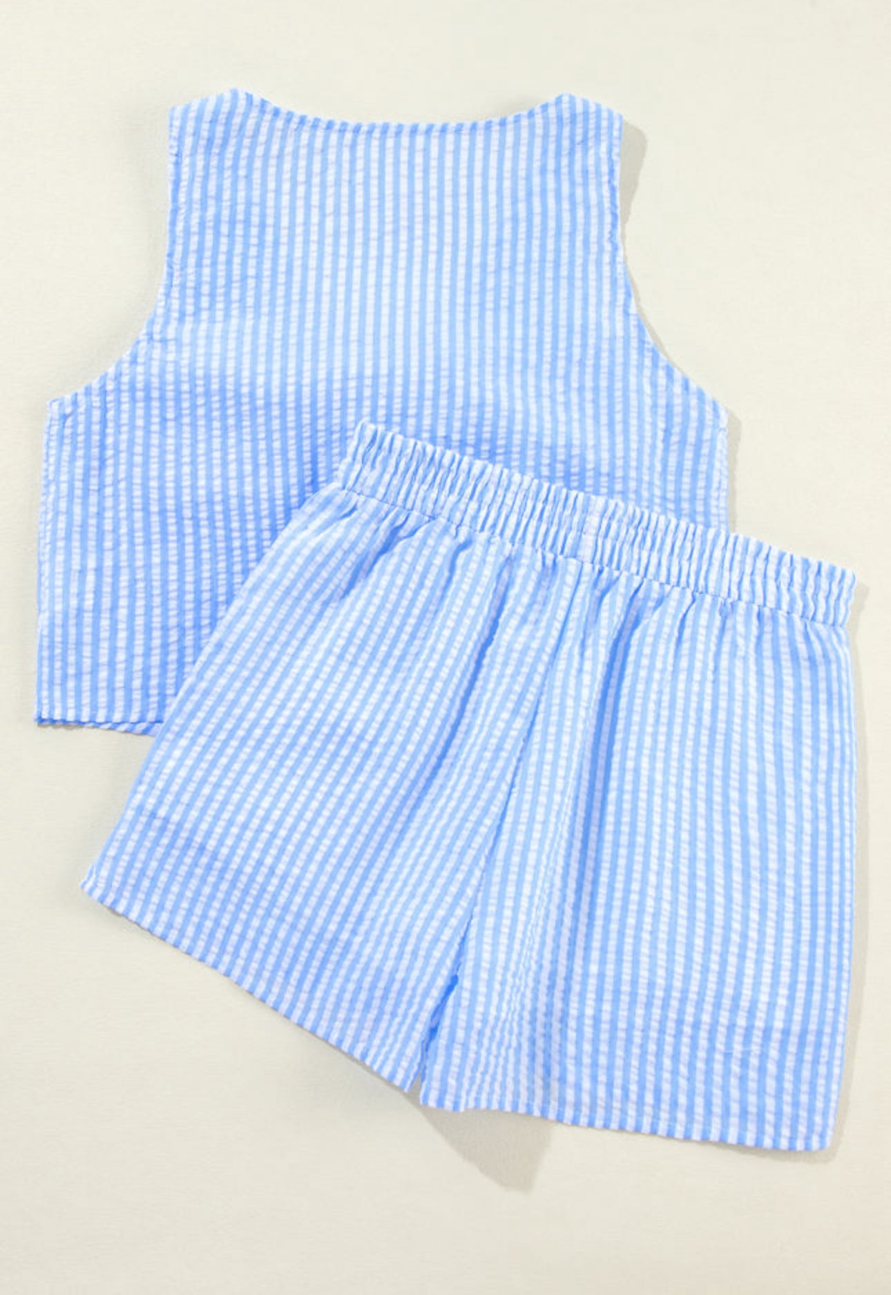 Sky Blue Stripe V Neck Bowknot Crop Tank and Shorts Set