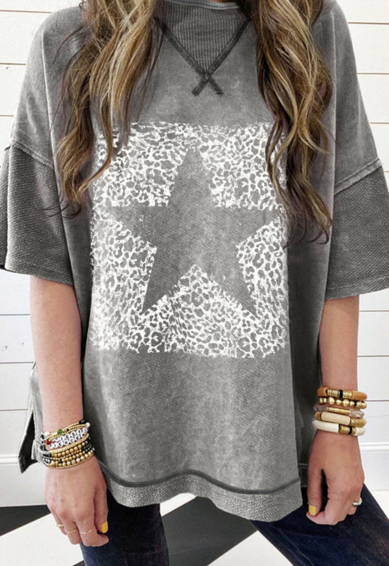 Oversized cheetah star mineral wash drop shoulder