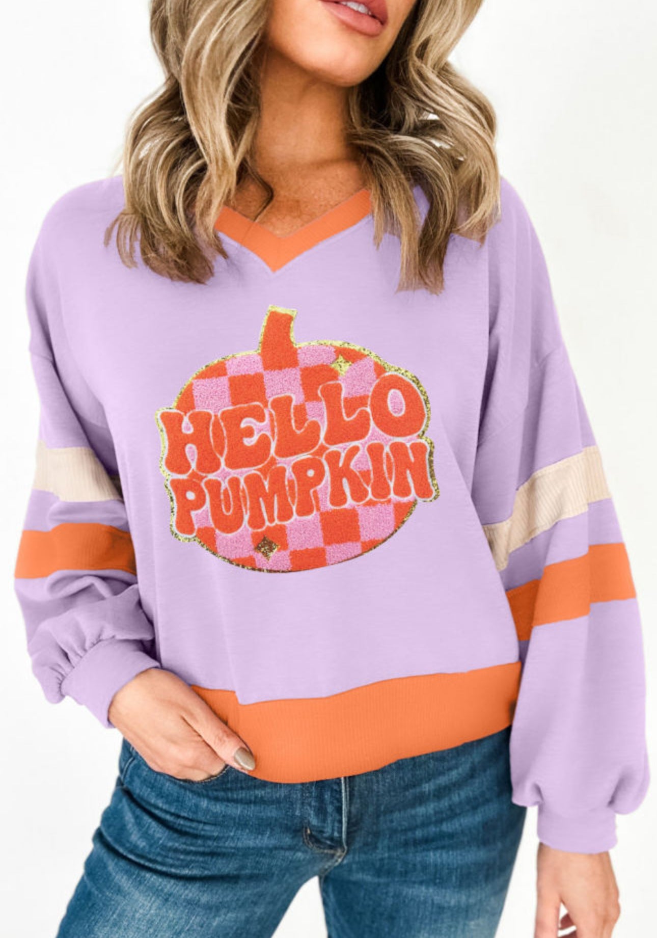 Hello pumpkin Chenille vneck sweater