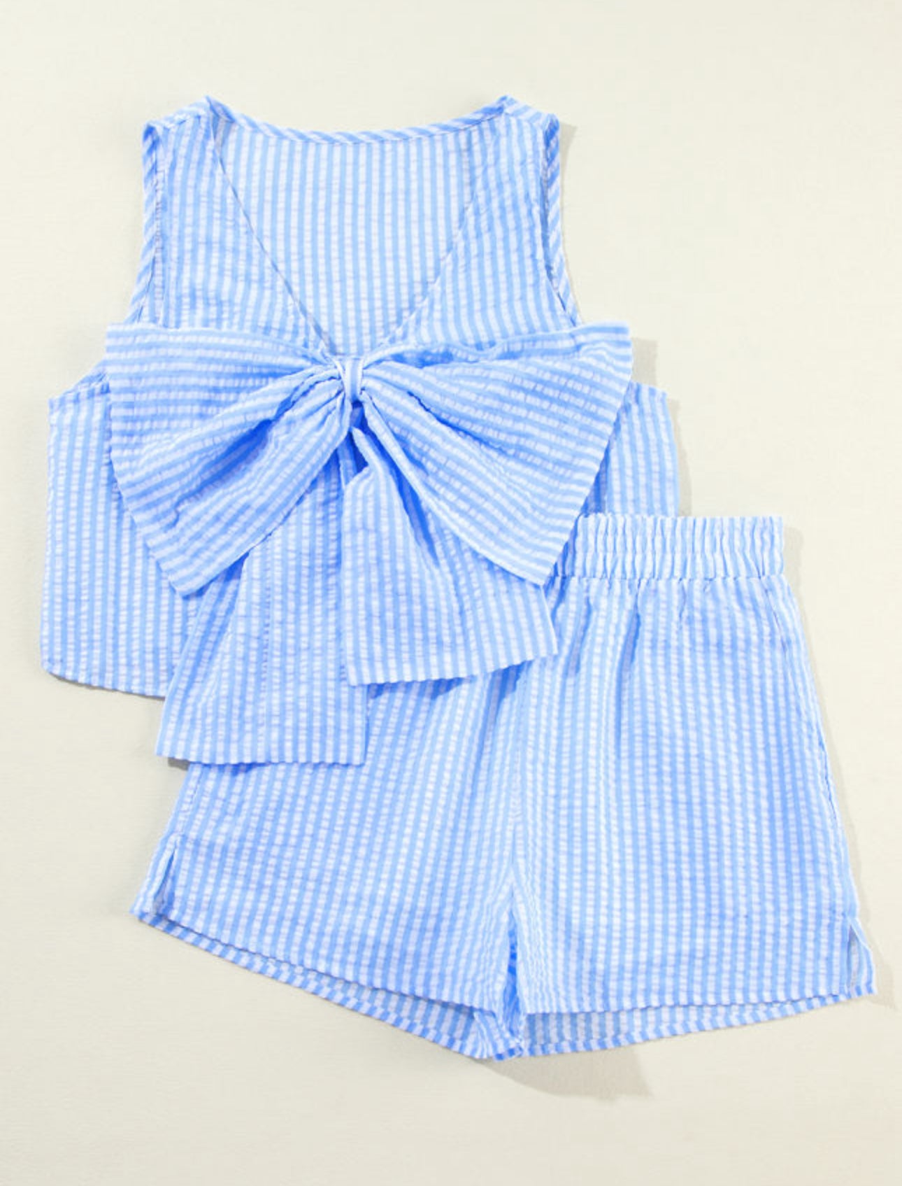 Sky Blue Stripe V Neck Bowknot Crop Tank and Shorts Set