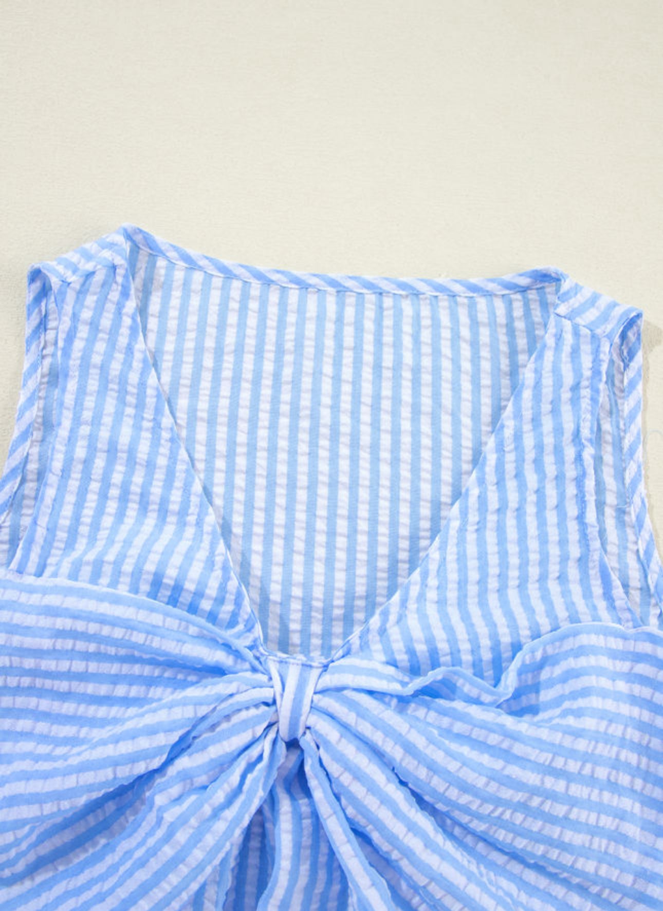 Sky Blue Stripe V Neck Bowknot Crop Tank and Shorts Set