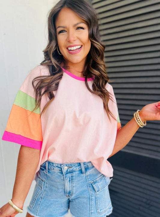 colorblock sleeve pink tee