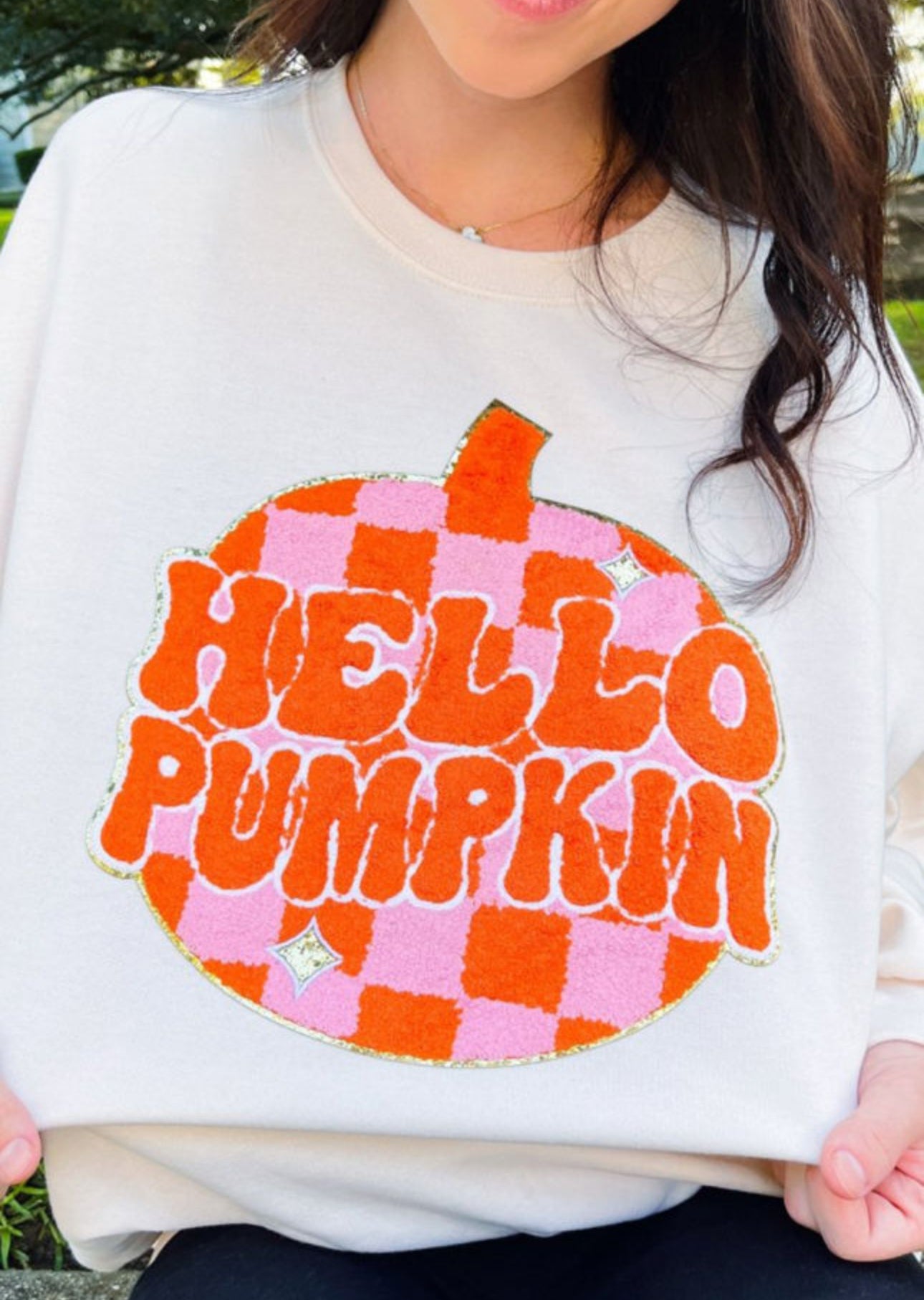 Hello pumpkin Chenille white sweatshirt