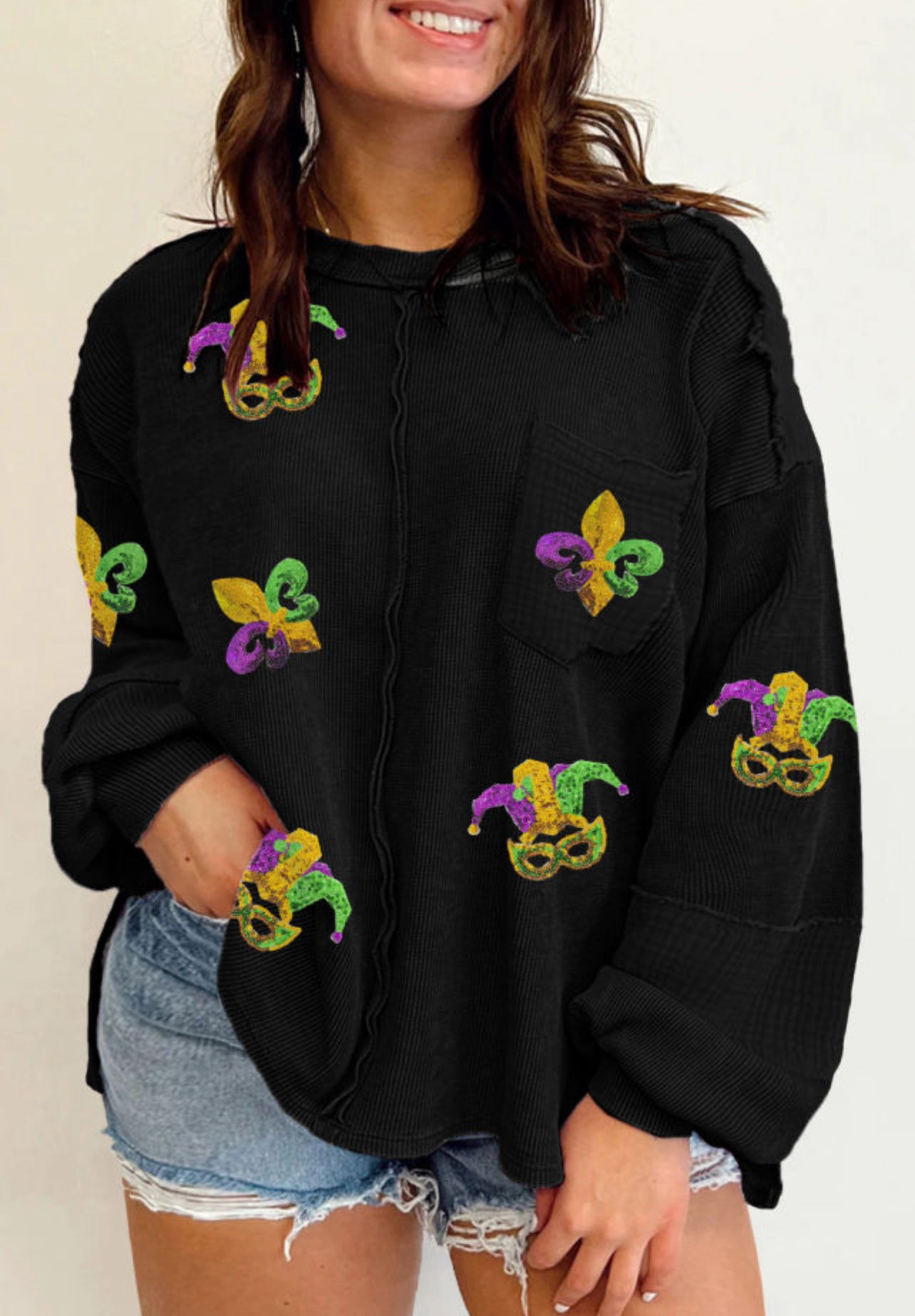 Plus size Mardi Gras pocket waffle long sleeve