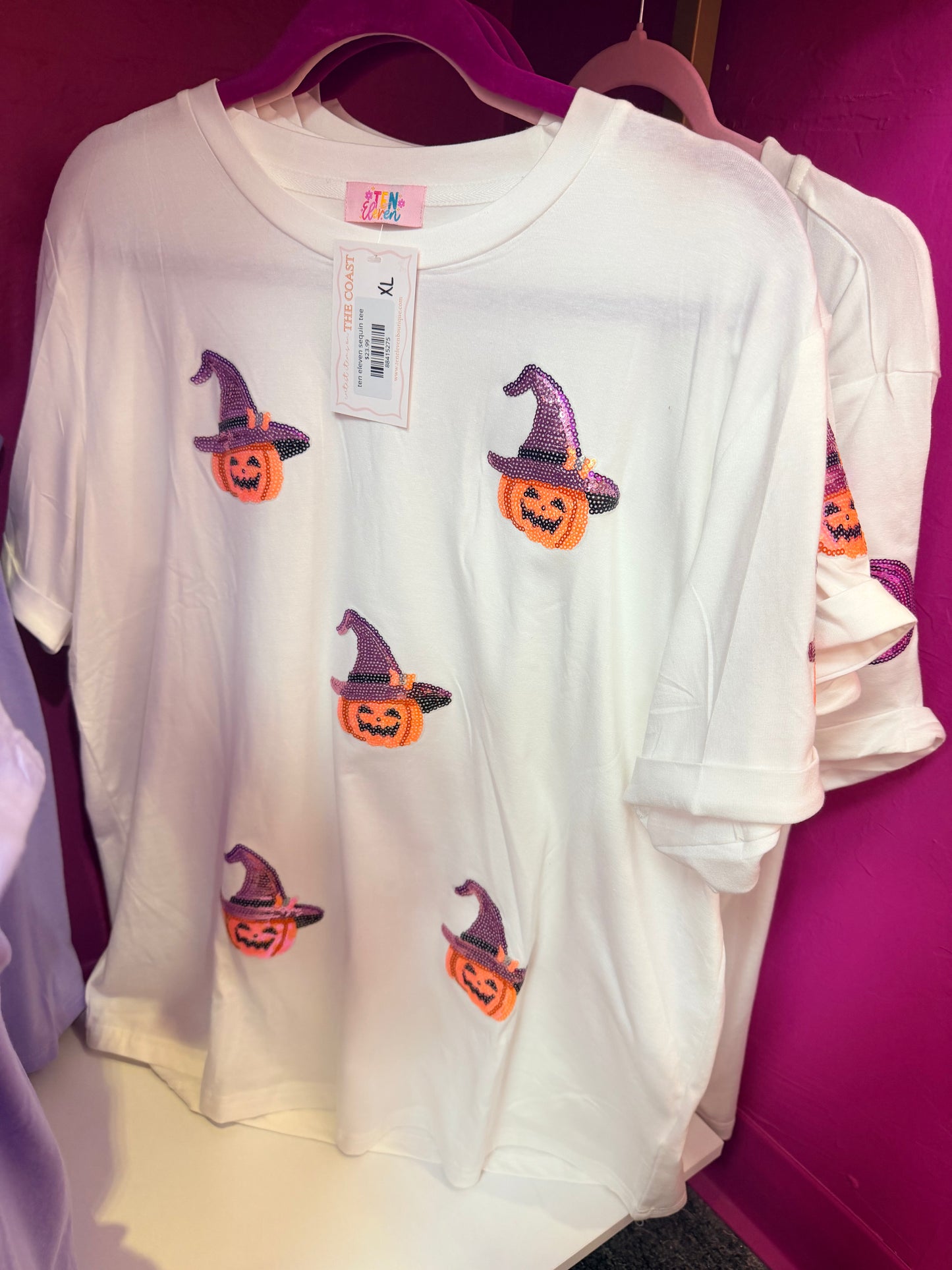purple hat with pumpkin sequin tee