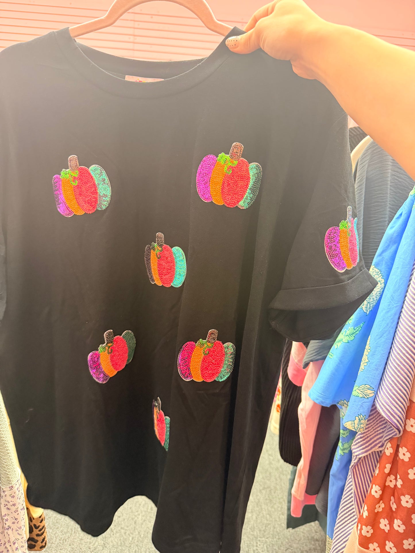Colorful pumpkin sequin tee