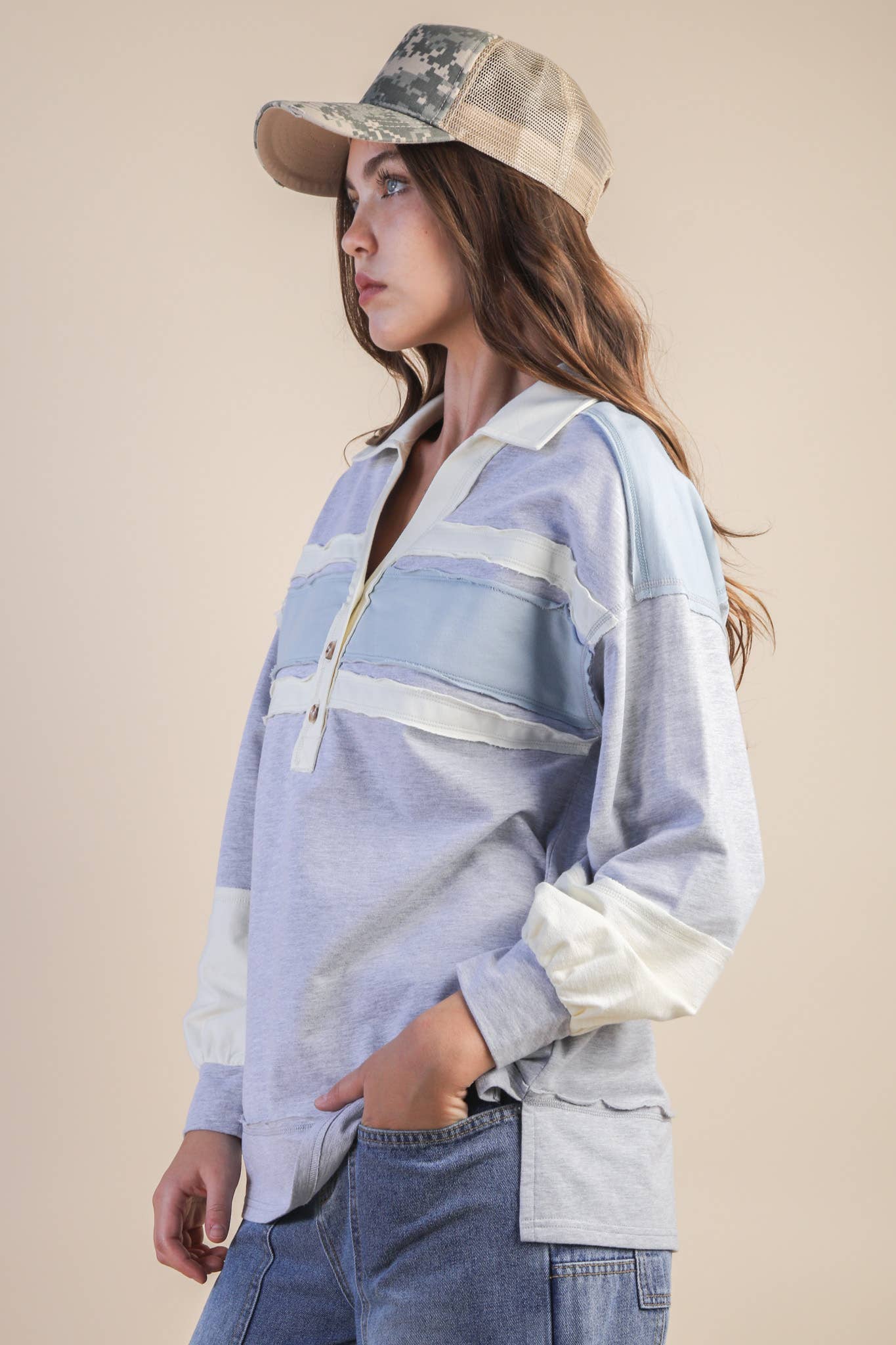 Color Block Oversized Collared Casual