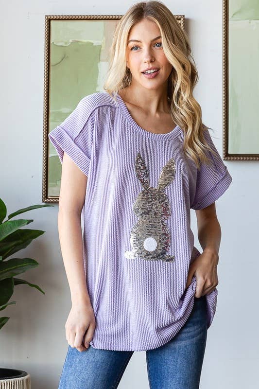 SHORT SLEEVE SOLID URBAN RIBB TOP WITH RABBIT